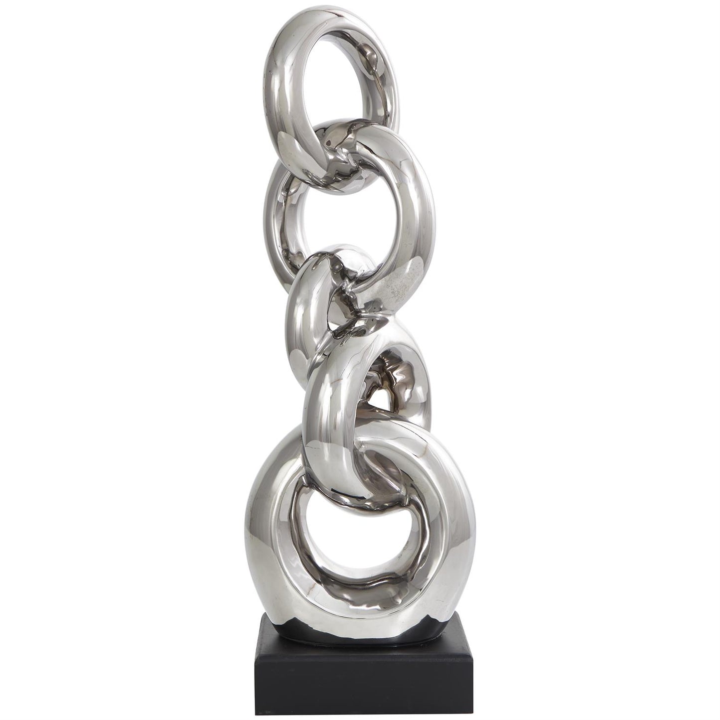 Silver Ceramic Abstract Stacked Chain Link Sculpture with Black Block Base