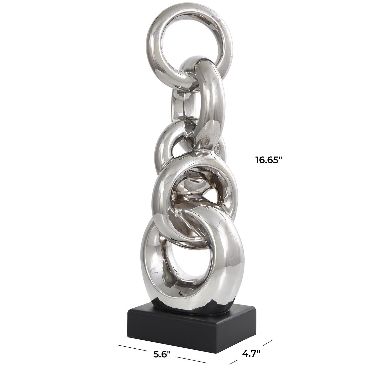 Silver Ceramic Abstract Stacked Chain Link Sculpture with Black Block Base