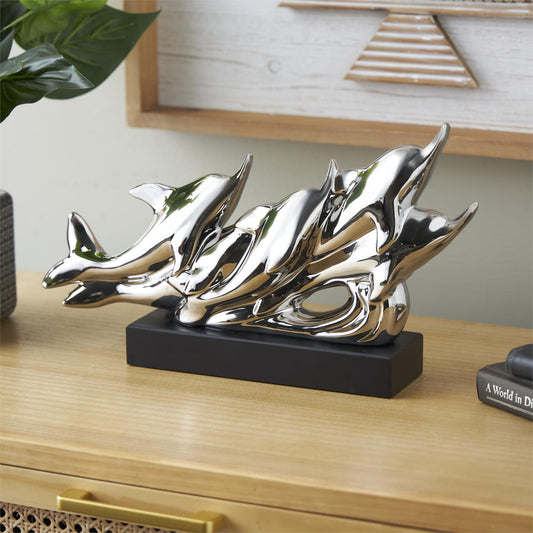 Silver Ceramic Dolphin  Sculpture