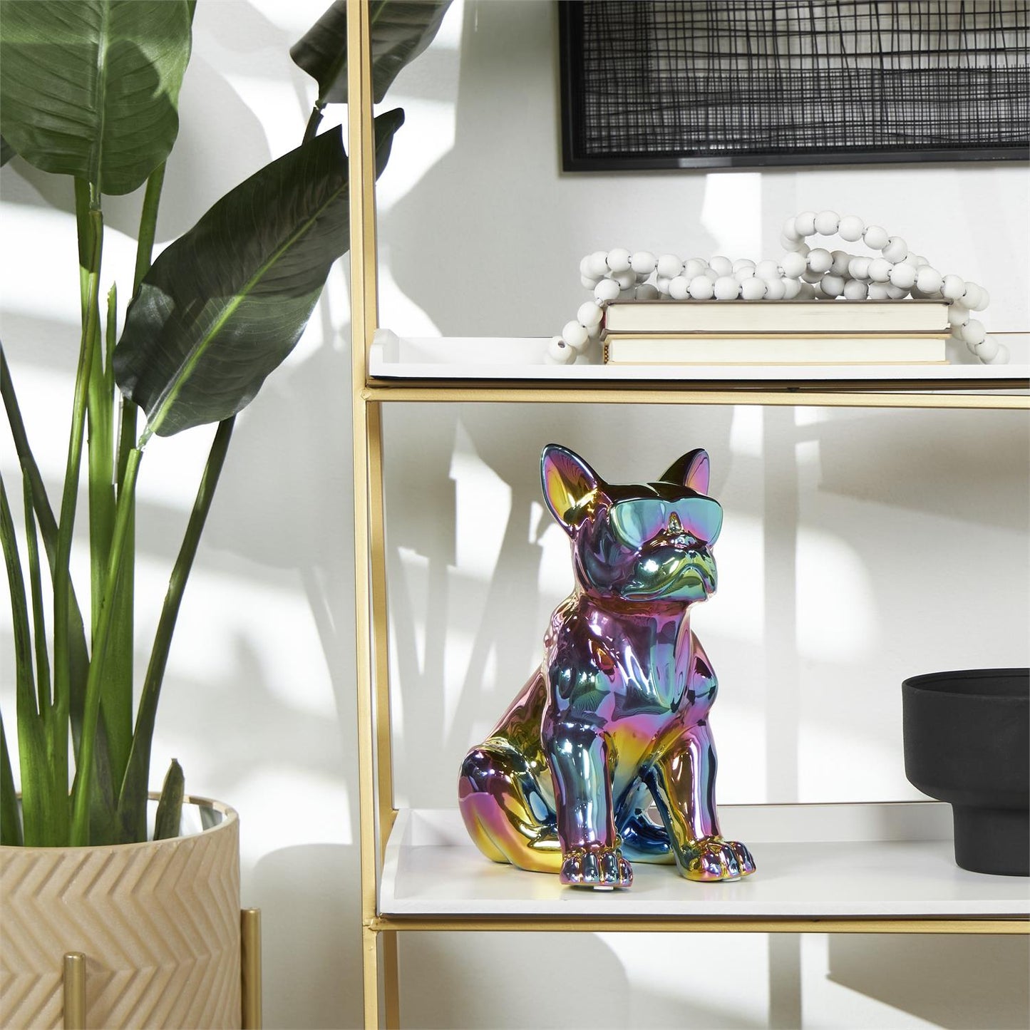 Multi Colored Ceramic Bulldog Sculpture with Rainbow shimmer Finish