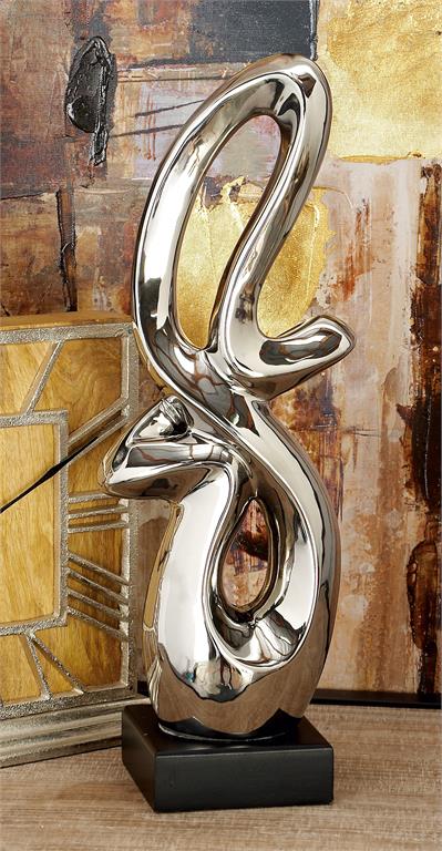 Silver Ceramic Abstract Swiri Sculpture with Black Base
