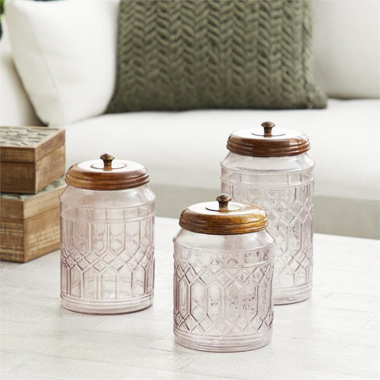 Clear Glass Decorative Jars with wood lids set of 3