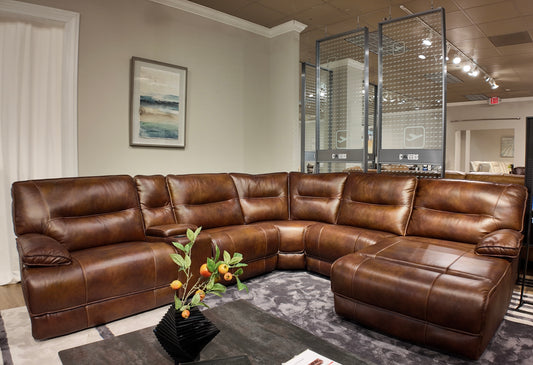 Top Grain Leather Match Brazil Cognac Light Brown 6PC Leather 2Power Reclining Sectional W/ Power Headrests Chaise