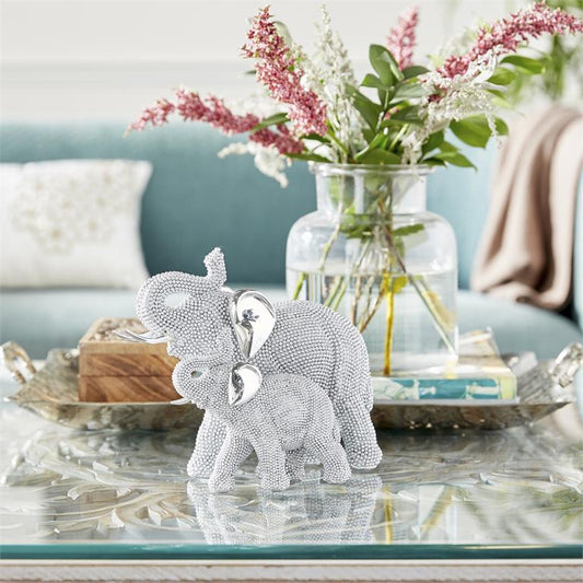 Silver Polystone Elephant Sculpture, 9"x5"x7"