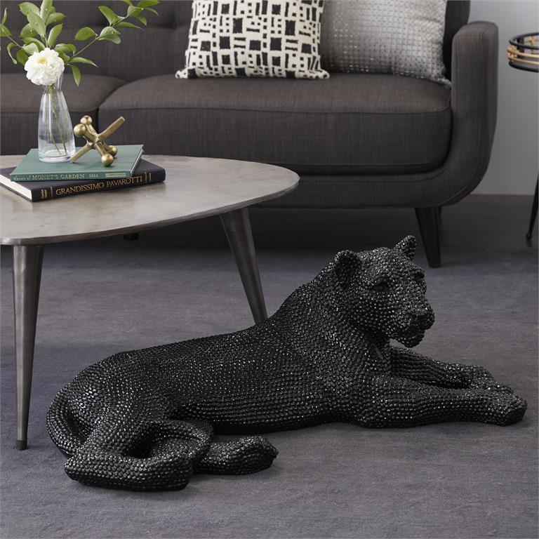 Black Polystone Leopard Floor Sculpture