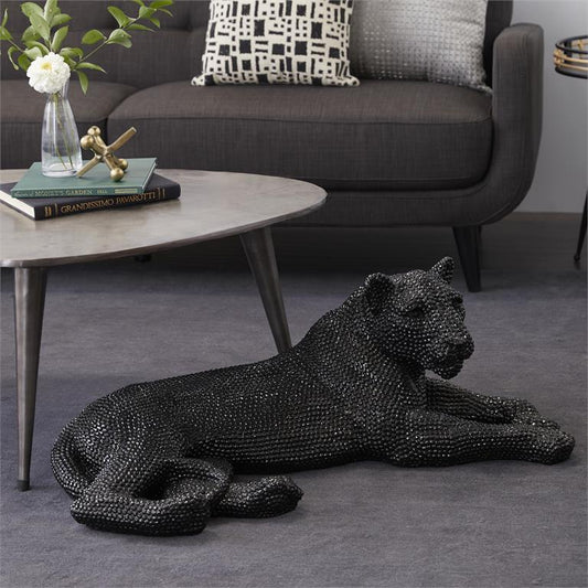 Black Polystone Leopard Floor Sculpture