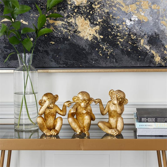 Gold Polystone Monkey see No Evil Sculpture set of 3