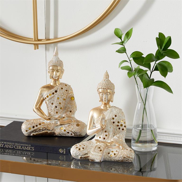 Gold PS Meditating Buddha set of 2 10",11"H