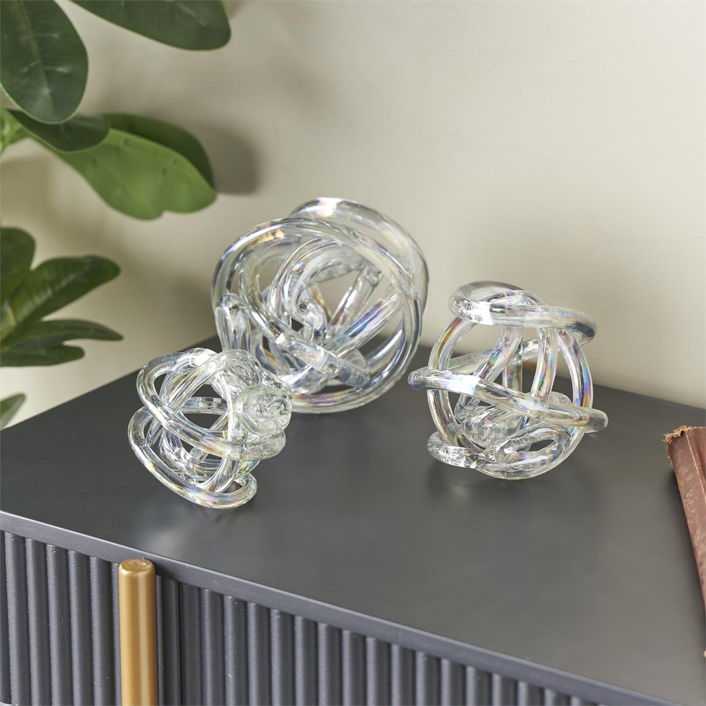 CLEAR GLASS KNOT KNOTTED BALL SCULPTURE, SET OF 3 5", 4", 4"W