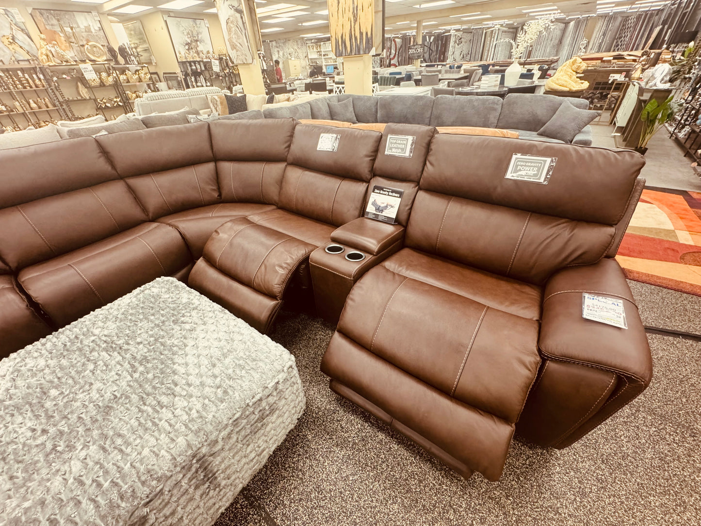 Top Grain Leather Match Brazil Tobacco Medium Brown 6 PC Zero Gravity 3 Power Reclining Sectional