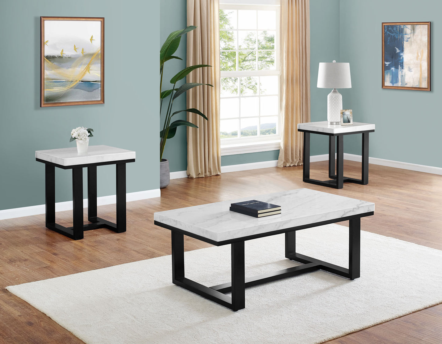 Lucca White Marble Coffee Table / End Table Set