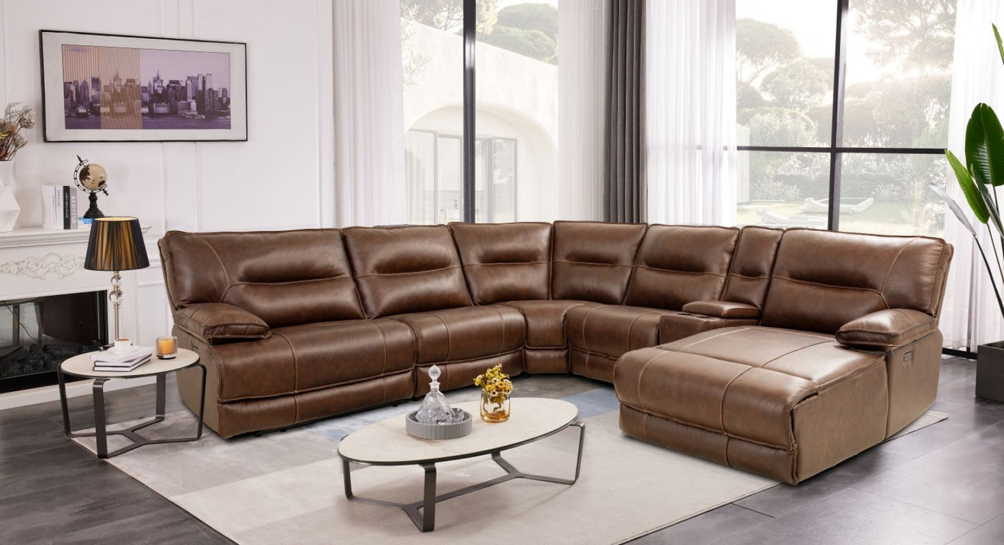 Top Grain Leather Match Brazil Cognac Light Brown 6PC Leather Reclining Sectional W/ Power Headrests