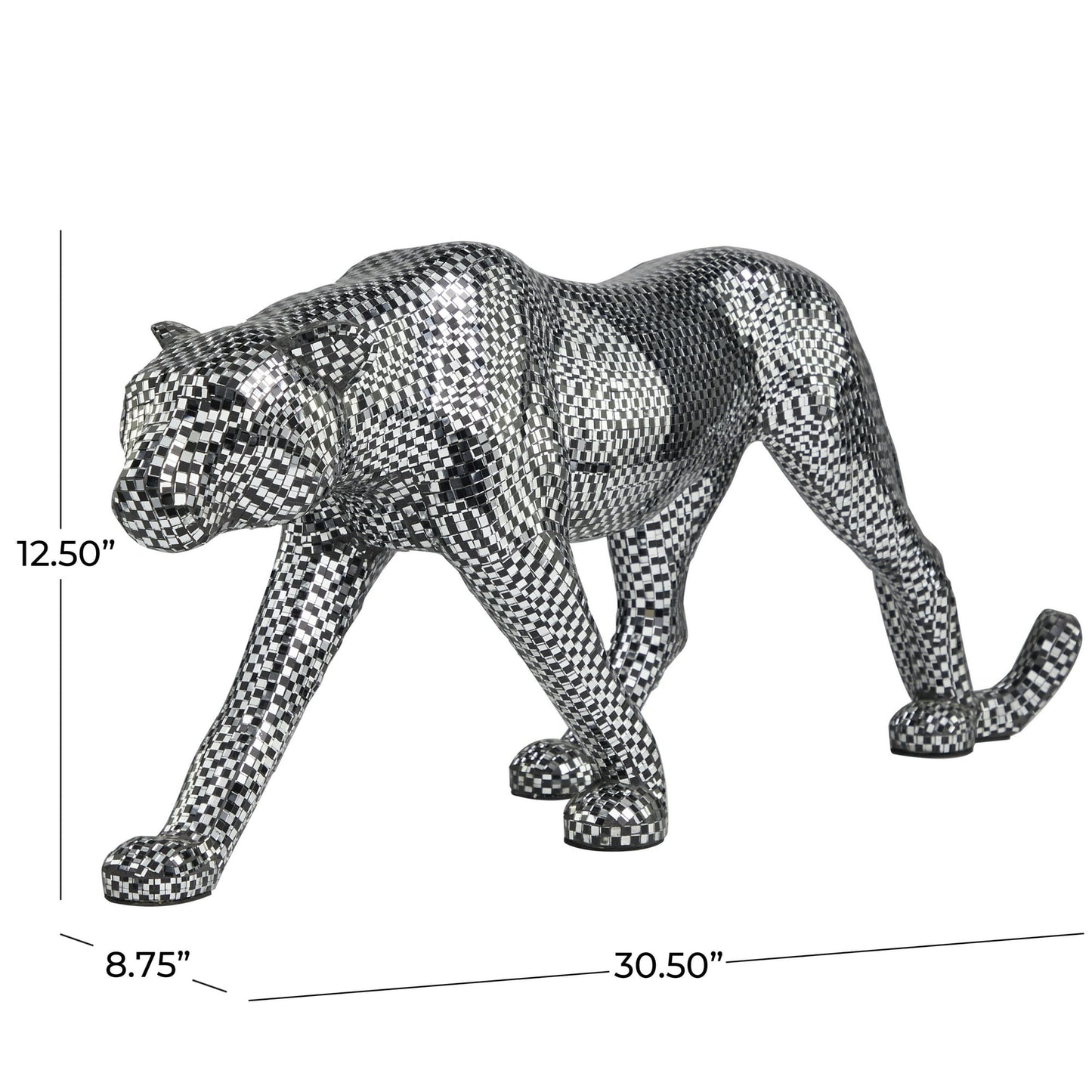 Black Resin Leopard Mirrored Sculpture With Checked Design, 31" X 9" X 13"