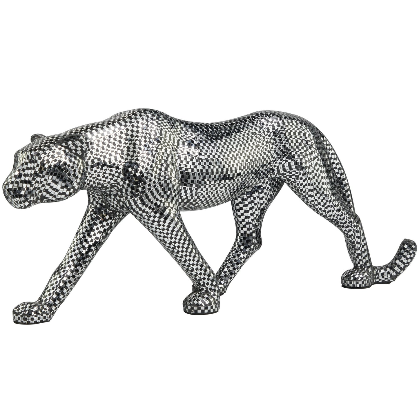 Black Resin Leopard Mirrored Sculpture With Checked Design, 31" X 9" X 13"