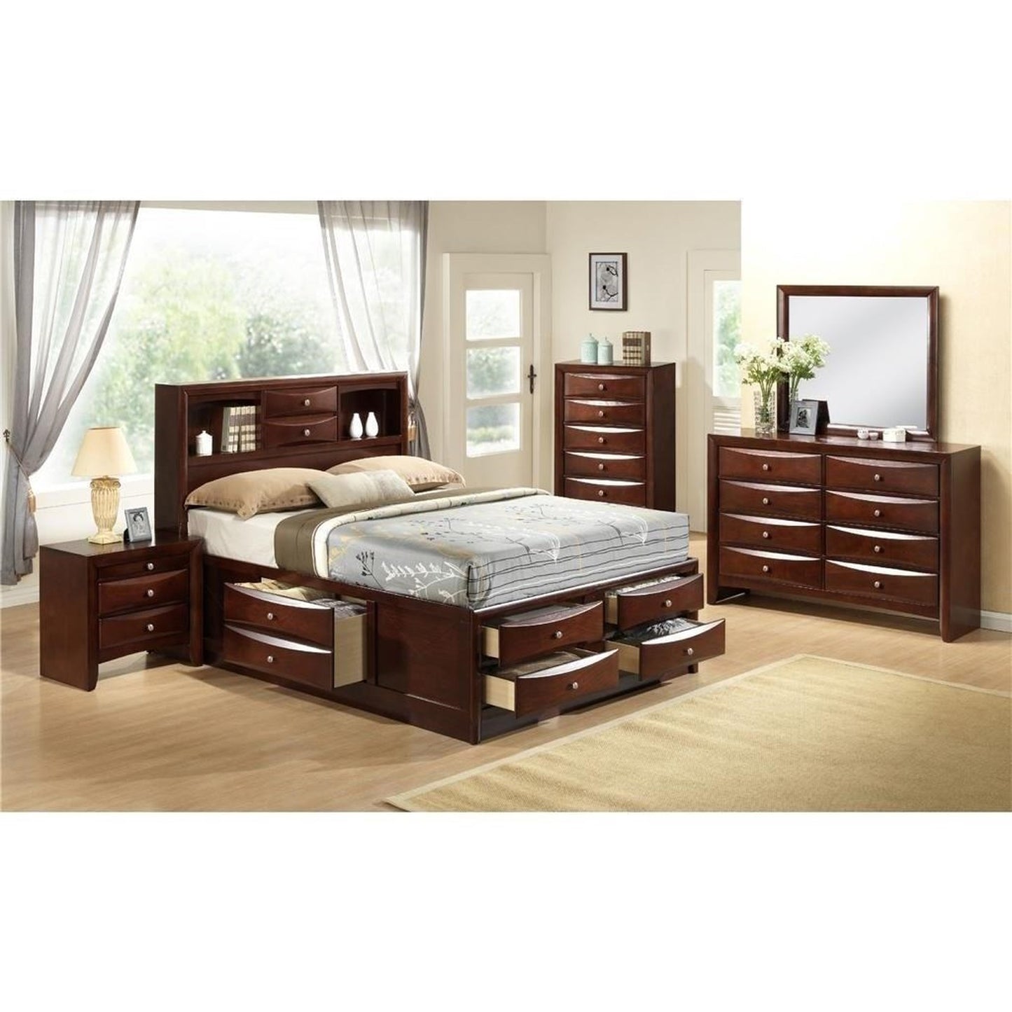 Emily Queen Bed Room set Espresso- Q Bed, Dresser and Mirror