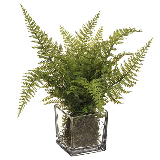 8" LEATHER FERN IN GLASS VASE