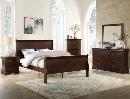 Louis Phillipe Cherry Queen Bedroom Set - Bed, Dresser, Mirror, 1 Nightstand