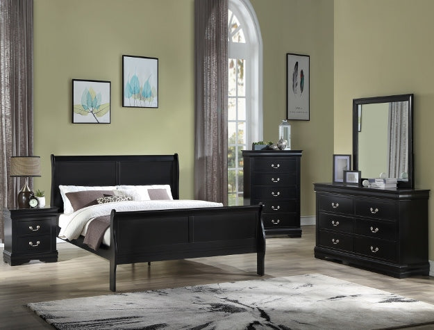 Louis Phillipe Black Queen Bedroom Set - Bed, Dresser, Mirror, 1 Nightstand