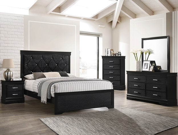 Amalia Black Queen Bedroom Set - Bed, Dresser, Mirror, 1 Nightstand