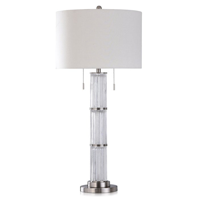 McBride Silver, Textured Glass Column with Brushed Steel Accent Lamp (CLEARANCE)